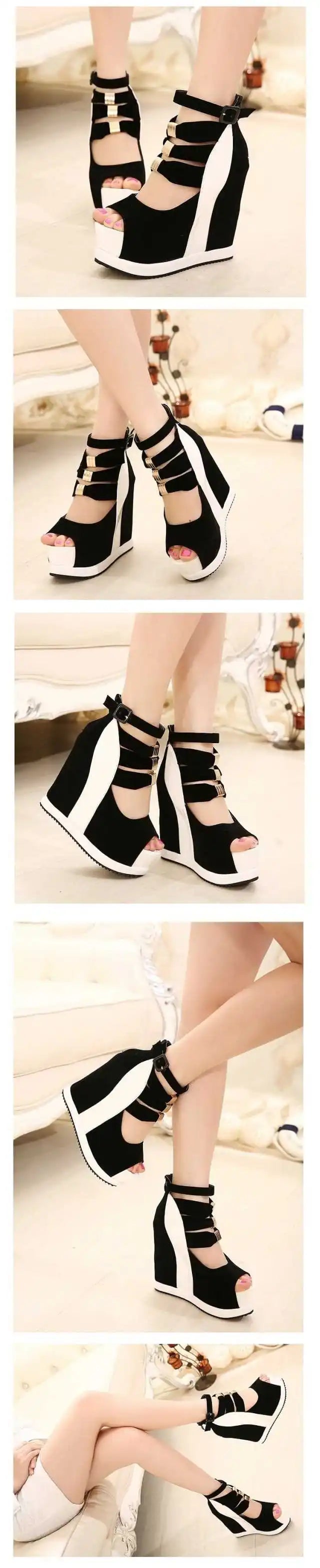 2020Woman Shoes Summer Genuine Women Platform Thick Soles Sandals Wedges High Heel 14cm Peep Toe Mixed Colors Sexy Shoes