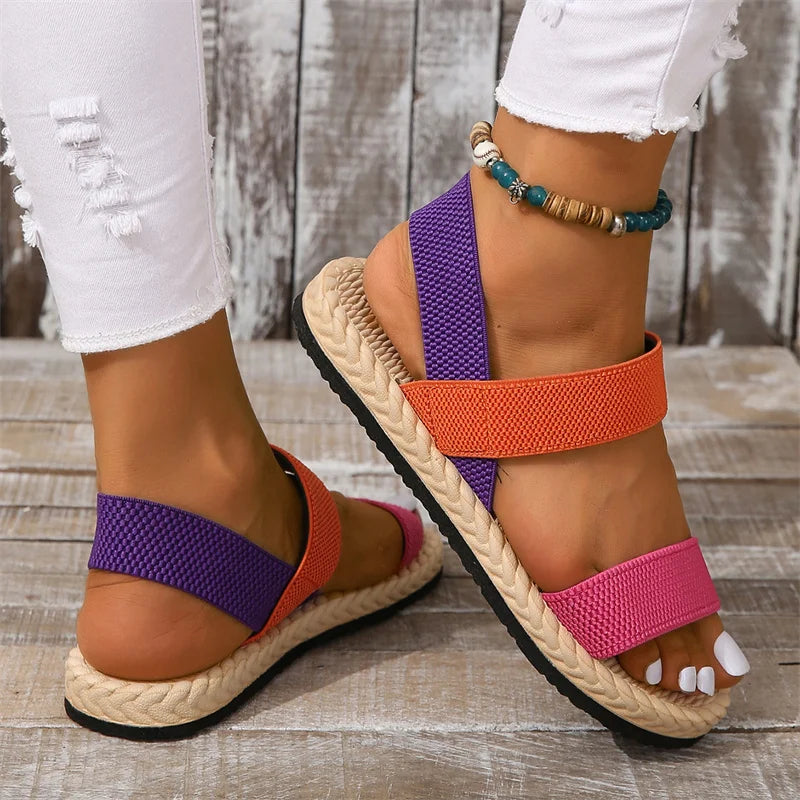 2024 New Women's fashion trend anti-slip wear-resistant multi-color matching elastic flat sandals