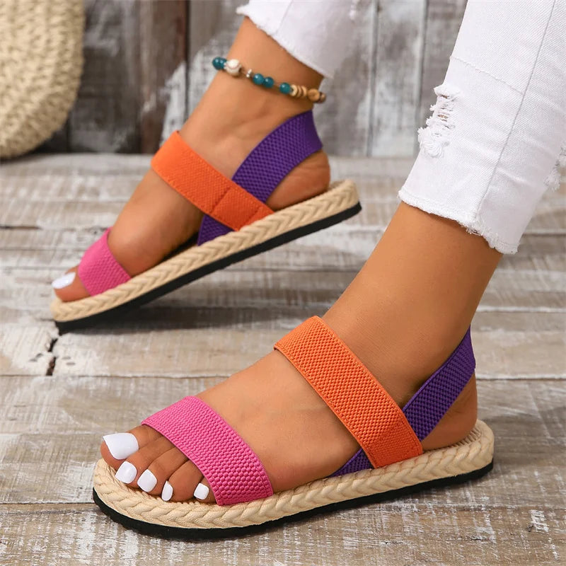 2024 New Women's fashion trend anti-slip wear-resistant multi-color matching elastic flat sandals