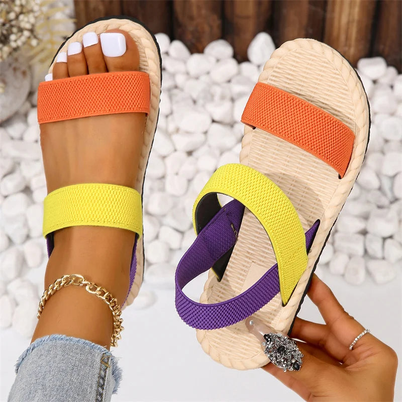 2024 New Women's fashion trend anti-slip wear-resistant multi-color matching elastic flat sandals