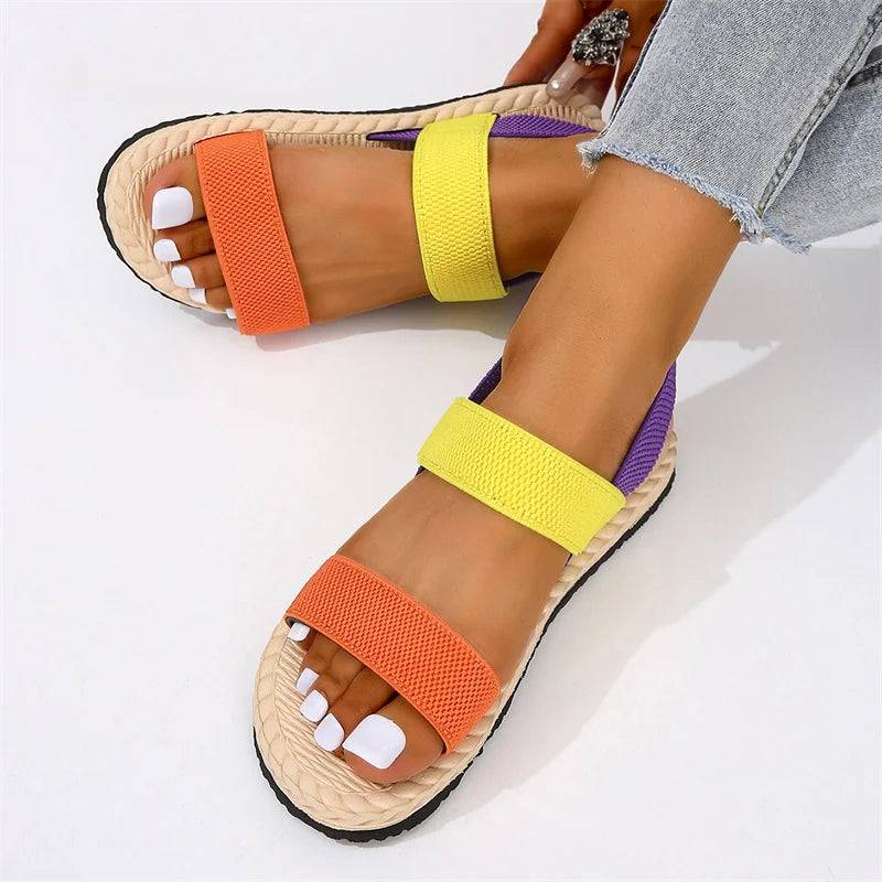 2024 New Women's fashion trend anti-slip wear-resistant multi-color matching elastic flat sandals