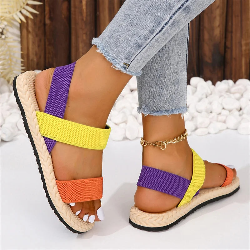 2024 New Women's fashion trend anti-slip wear-resistant multi-color matching elastic flat sandals